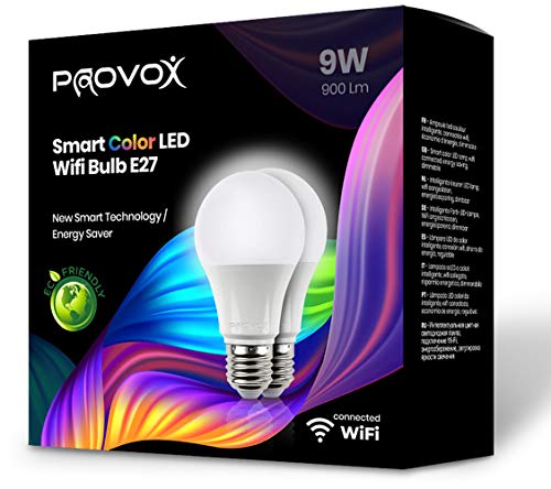 Provox - 2 bombillas LED conectadas wifi (9 W, compatible con Google Home & Alexa, 16 medios de color, norma CE, garantía 1 año, Energy Safe