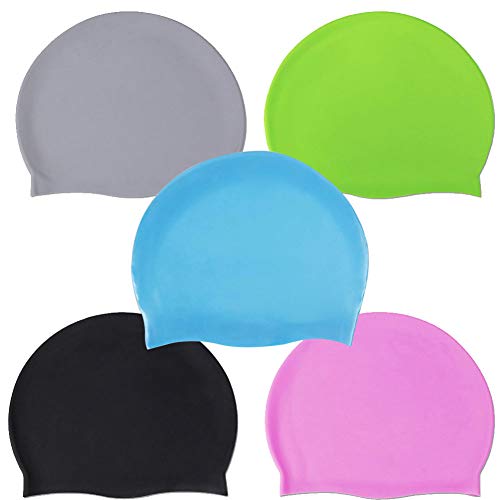 PTONZ 5PCS Gorro de Natación de Silicona Piscina Reversible 3D Alta Comodidad y Adherencia Antideslizante Impermeable Gorro de Baño para Hombres Mujeres Niños-Rosa Gris Verde Negro Azul Claro