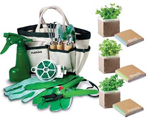 Publiclick Pequeño y elegante Set herramientas con paquetes semillas,7 accesorios indispensables en elegante bolsa de jardin, medidas 23X15 CM