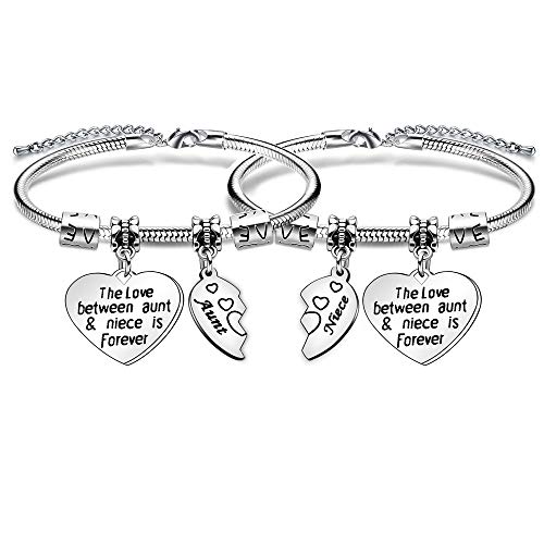 Pulsera de plata con forma de corazón para tía y sobrina con texto en inglés "The Love Between Tunt and Niece Is Forever"