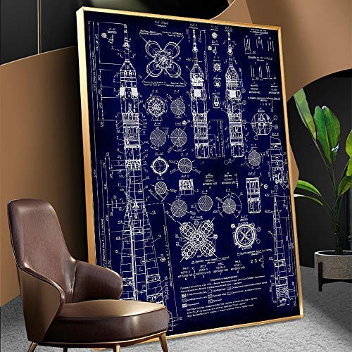 QAZEDC Pintura Decorativa Vintage Soyuz Rocket Blueprint Poster Soyuz Cohete Planes Nave Espacial Nave Espacial Cosmonauta Decoración para el hogar-60x80cm