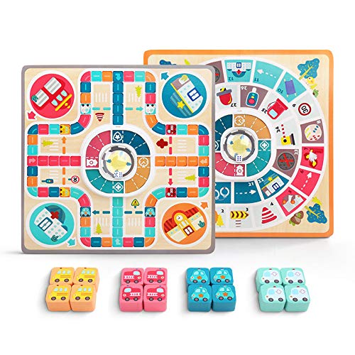 Queta 2-en-1 Ludo Juego de Mesa de Madera Juego de tráfico Urbano Juego de Tablero de ajedrez Volador de Doble Cara para niños y niñas de 3 a 8 años