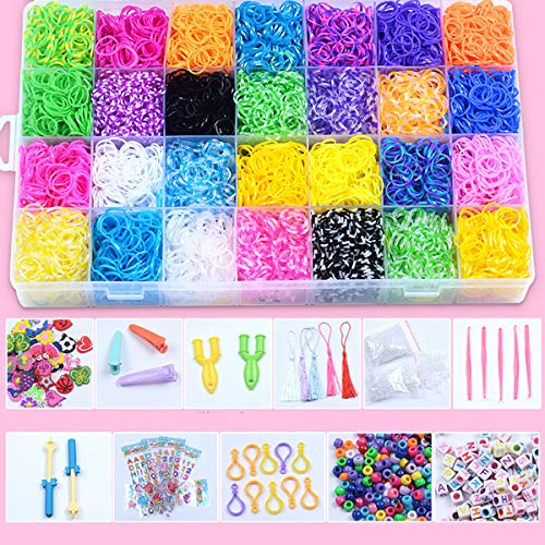 Queta 28 Colores bandas para hacer pulseras 10000 Piezas caja pulseras gomas kit de pulseras con bandas de telar Y muchos pequeños accesorios
