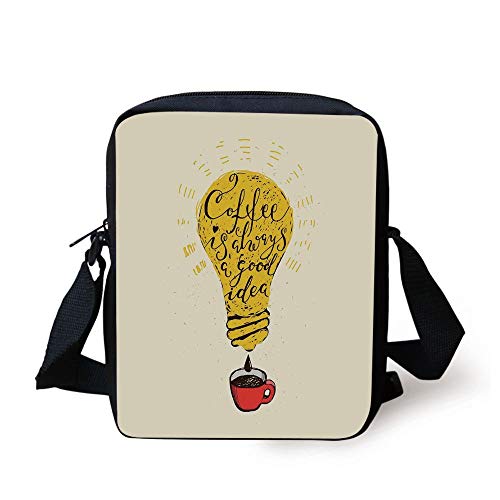 Quote,Coffee is Always A Good Idea Quote in Tool Dripping to Mug Image Fun Artwork,Yellow Red Brown Print Kids Crossbody Messenger Bag Purse