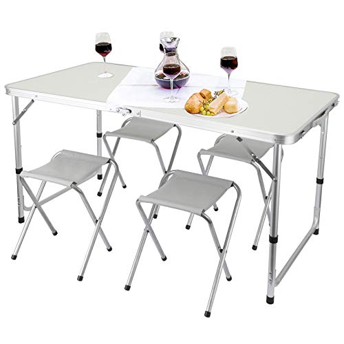 Rayisin Mesa de camping de 120 x 60 x 50/60/70 (altura regulable), mesa plegable de aluminio con asa, juego de 4 sillas, mesa de jardín, mesa de trabajo, mesa de balcón, mesa de fiesta, mesa de buffet
