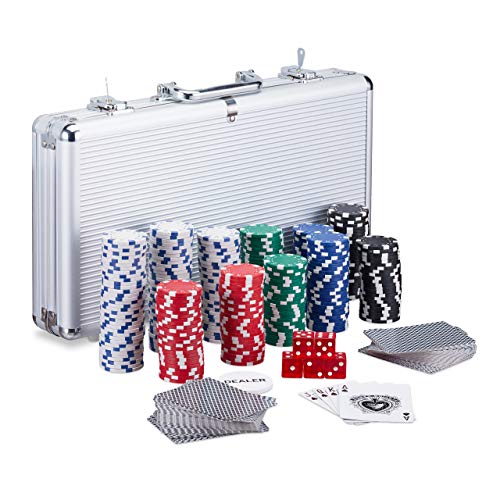Relaxdays Maletín Póker con Llave, Set con 300 Fichas, 2 Barajas, 5 Dados y Botón Dealer, Aluminio-Plástico, Plateado, Color (10023519) Relaxdays Maletín Póker con Llave, Set con 300 Fichas, 2 Barajas, 5 Dados y Botón Dealer, Aluminio-Plástico, Plateado, Color (10023519)