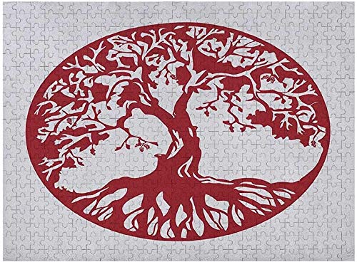 Rompecabezas de árbol para niños, 1000 Piezas, Silueta de Roble Tradicional, follaje mitológico Que simboliza el Crecimiento y la Prosperidad, rubí y Blanco