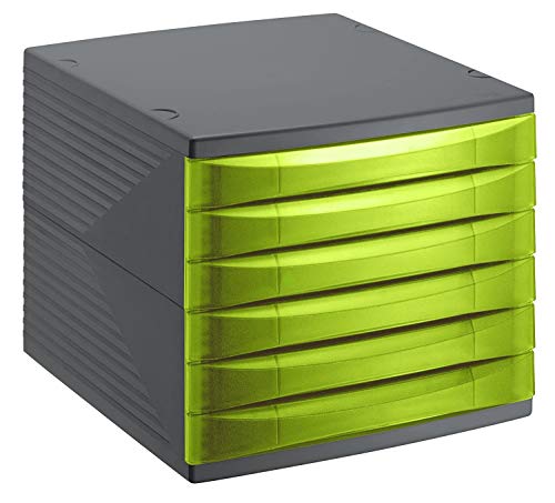 Rotho Quadra, Cajón, caja de oficina con 6 cajones, Plástico PP sin BPA, verde, antracita, 36.5 x 28.0 x 25.0 cm
