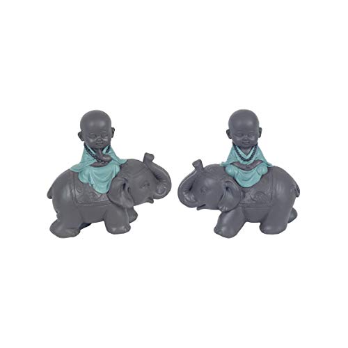 Set de 2 Figuras Budistas Decorativas de Resina  Budas sobre Elefantes Adornos y Esculturas. Regalos Originales. Decoración Hogar. 13 x 6 x 12 cm