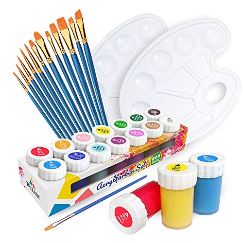 Set de pinturas acrílicas Tritart para niños y adultos con 12 pinceles y 2 paletas de mezcla I 14 colores acrílicos