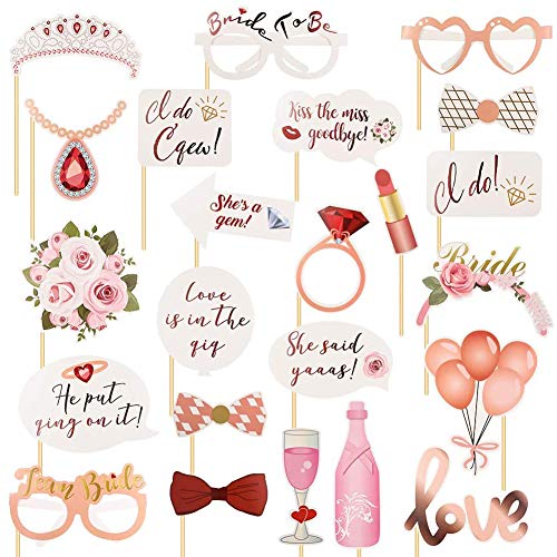 SIMUER 23Pcs Wedding Photo Booth Props, Hen Party Team Bride Funny Selfie Props Wedding Night Do Party Ideal Hen Party Accessories - Rose Gold