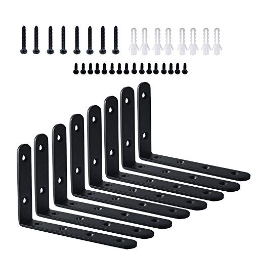 Soportes para estante de color negro, soportes de ángulo resistentes, 8 soportes de metal para madera, estantes y estantes de esquina y marco de fotos, 125 x 75 mm, con 48 tornillos y 16 anclajes Soportes para estante de color negro, soportes de ángulo resistentes, 8 soportes de metal para madera, estantes y estantes de esquina y marco de fotos, 125 x 75 mm, con 48 tornillos y 16 anclajes