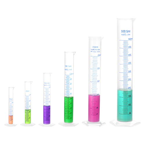 sourcing map Plástico Graduado Cilindro, 10ml 25ml 50ml 100ml 250ml 500ml Medida Cilindro, Doble Cara Métrico Marcado, Transparente Hexagonal Base, 6 en 1 Set