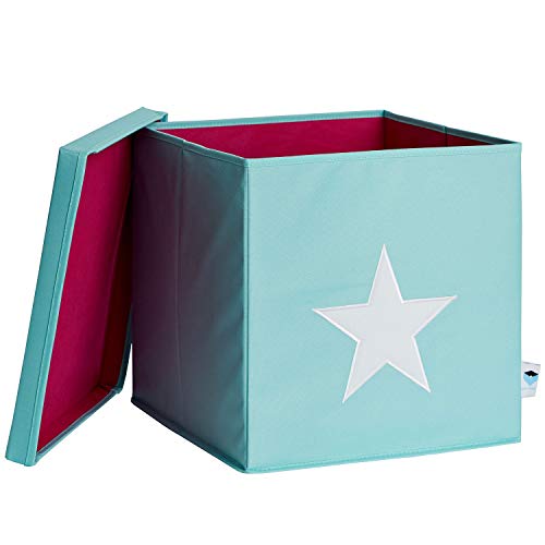 STORE.IT 672265 – Caja de almacenaje (con Tapa, Verde Menta con Estrella Blanca, MDF Reforzado, poliéster/MDF, Mint, 33 x 33 x 33 cm