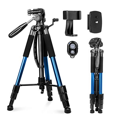 Sunfoto Trípode de Cámara, 160 cm/63 Inches Trípode Ligero de Aluminio con Bluetooth, Soporte de Teléfono, Bolsa de Transporte para iPhone/Samsung/Huawei Cámara Digital DSLR Fotografía - Azul