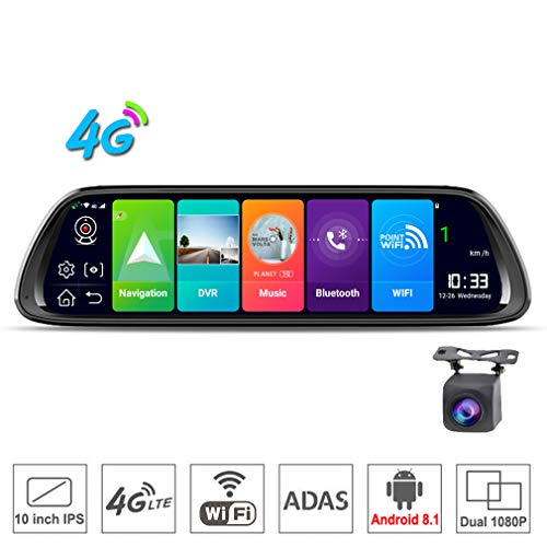SZKJ D30 10 pulgadas pantalla completa 4G táctil IPS universal paquete cámara de salpicadero de coche espejo de visión trasera con GPS, Navi, Bluetooth, música, WiFi, Android 8.1, lente dual FHD 1080P