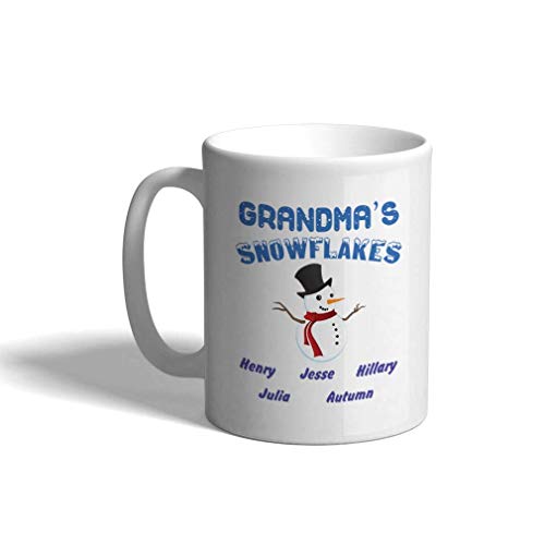 Taza de café personalizada de cerámica, 11 onzas, muñeco de nieve, familia, abuela, copos de nieve, abuela, abuela, taza de té