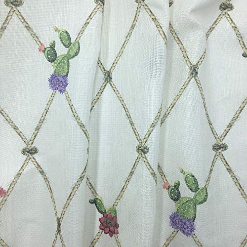 Tela por metros de cortina - Visillo estampado digital - 20% lino, 80% poliéster - Ancho 300 cm - Largo a elección de 50 en 50 cm | Cactus y cuerdas - Verde, lila, fucsia, blanco