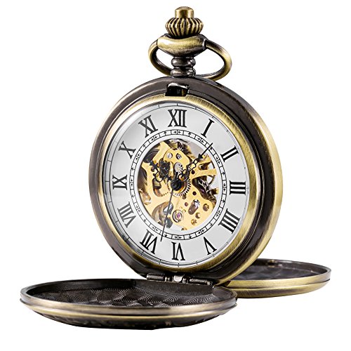 TREEWETO Reloj de bolsillo mecánico para hombre, diseño de esqueleto, números romanos retro, medio cazador, bronce