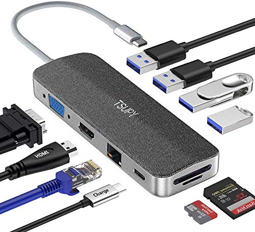 TSUPY HUB USB C 11 en 1 Thunderbolt 3 Hub Tipo C con HDMI 4K 1080P VGA Ethernet RJ45 Carga PD Tipo C 4 Puertos USB 3.0/2.0 Lector de Tarjeta SD/TF para Mac/Mac Pro/Huawei/Samsung y más Dispositivos