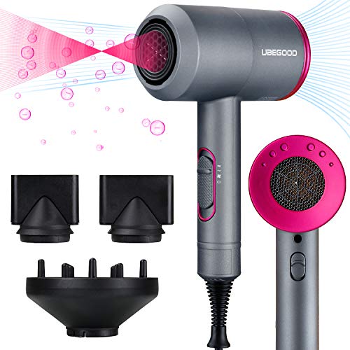 UBEGOOD Secador de Pelo, 2000W Secador de Pelo Profesional Secador Iónico con 2 Boquillas y 1 Difusor, 3 Temperaturas y Botones independientes de frío/calor para Hogar, Peluqueria, Hotel