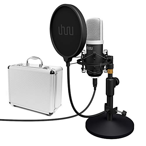 UHURU USB Micrófono podcast para PC, Micrófono condensador profesional para grabar audio a 192KHZ/24bit. El Kit incluye, el stand para la mesa, filtro pop para laptop, pc, YouTube Skype y videojuegos.