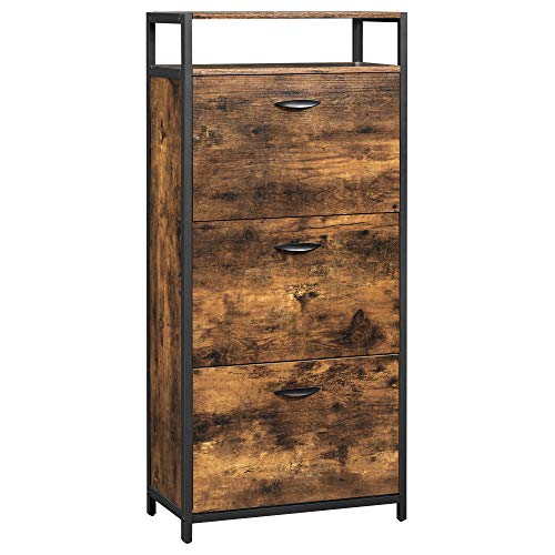 VASAGLE Armario Zapatero, Mueble Zapatero, con 3 Compartimentos Plegables, Estante Adicional, Separadores Internos, para 15-18 Pares de Zapatos, 60 x 30 x 130 cm, Marrón Rústico y Negro LBS101B01 VASAGLE Armario Zapatero, Mueble Zapatero, con 3 Compartimentos Plegables, Estante Adicional, Separadores Internos, para 15-18 Pares de Zapatos, 60 x 30 x 130 cm, Marrón Rústico y Negro LBS101B01
