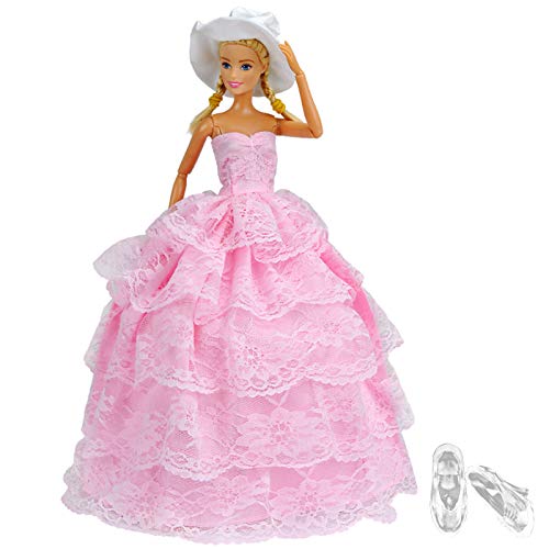Vestido de Fiesta Rosa Ropa de Princesa Esponjosos Tutú para Muñecas de 11.5 Pulgadas, Falda Vestido de Novia de 5 Capas de Cordón con Zapatos, Sombrero Año Nuevo Cumpleaños