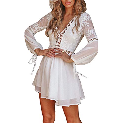 Vestido Mujer Blanco Cuello V con Bordado Manga Larga Transparente Suelta con Huecos con los Puños Apretado Vestido Vintage Primavera y Verano (Blanco, XL)