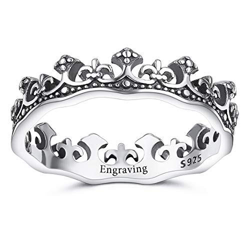 VIBOOS Personalizado Anillos de Plata Esterlina Grabado Nombre/Fecha para Mujeres Niñas Amantes Hermana Caballero Real Rey Reina Princesa Crown Ring Custom Memorial Wedding Band Anillos Joyería (30)