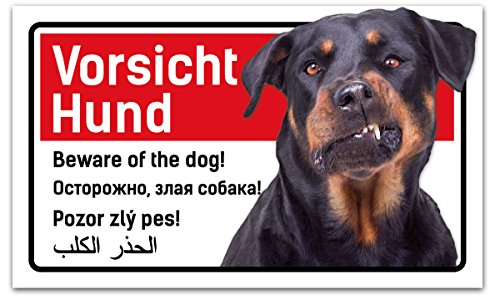 "Vorsicht Hund" Cartel en 5 idiomas 25 x 15 cm raza a elegir, F = Rottweiler
