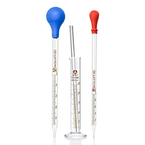 Wandefol - Juego de 4 pipetas de vidrio de 2 ml + 1 pipeta de vidrio de 5 ml + 1 cilindro de medición de vidrio de 25 ml + 1 varilla de vidrio de suministro experimental