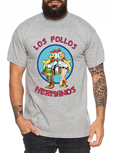 WhyKiki Los Pollos Camiseta de Hombre Hermanos Bad Heisenberg Breaking, Farbe2:Dunkelgrau Meliert;Größe2:M