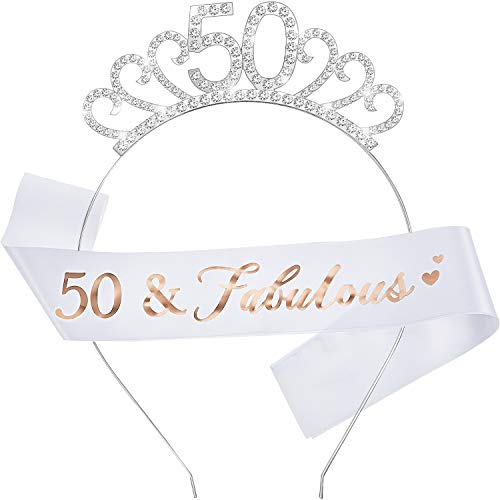 WILLBOND Juego de Disfraz Feliz Cumpleaños, Incluidos Tiara de Cristal Corona de Cumpleaños y Faja para Favores de Cumpleaños(Estilo de 50 años)