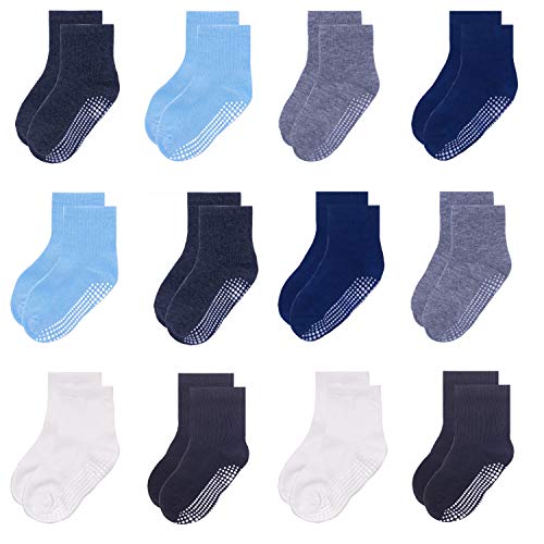 Yafane 12 Pares de Calcetines Antideslizantes para Niños Niñas Recien Nacido Unisex Pequeños Algodón Lindo con Puños Calcetines Antideslizantes para Bebés (Gris/Azul/Blanco/Negro, 0-12 meses)