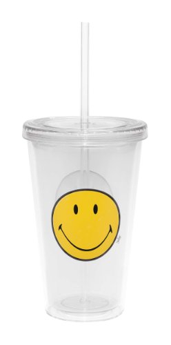 Zak ! Designs 6187-0852 - Vaso para refrescos con Pajita integrada (48 cl), diseño de Cara Sonriente, Transparente