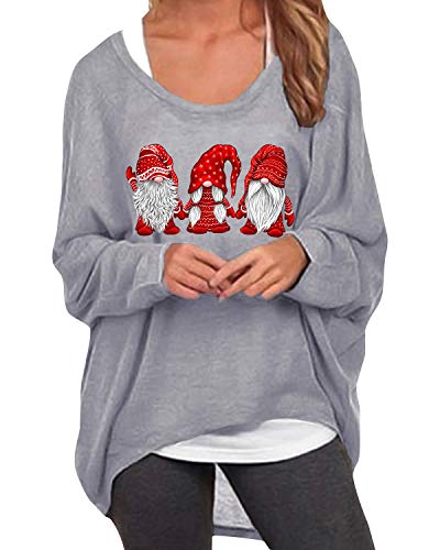 ZANZEA Mujer Jersey Navidad Irregular Manga Larga Camiseta Baggy Jumper Pullover Casual Tops Suéter Suelto W-Santa Gris M