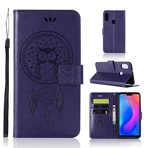 Zchen Funda Xiaomi Redmi 6 Pro, Funda Xiaomi Mi A2 Lite, Funda Piel con Tapa PU Tipo Libro Billetera Resistent Carcasa para Xiaomi Redmi 6 Pro/Mi A2 Lite (Atrapasueños Búho-Morado Oscuro)