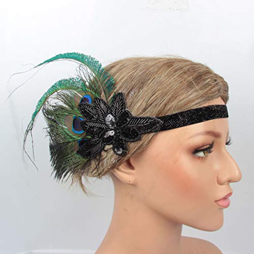 Zoestar Diadema de plumas de pavo real, color negro, vintage, con lentejuelas, para disfraz de Gatsby, accesorio para mujer