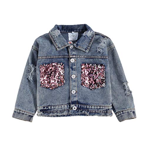 1-6Y Fashion Infant Baby Girls Denim Jacket Leopard/Sequined Print Long Sleeve Single Breasted Blue Coats 2 Style,B,5T
