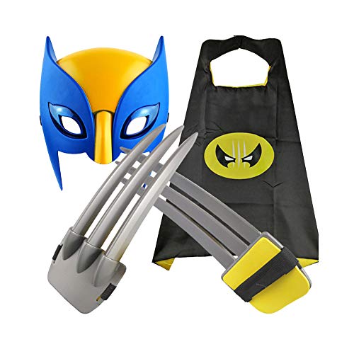 1 par (10,43 pulgadas) de plástico ABS seguro para niños, juguetes de garras de Wolverine (juego de 3 piezas) capa de accesorios de cosplay de película+máscara aplicación para disfraces de Halloween