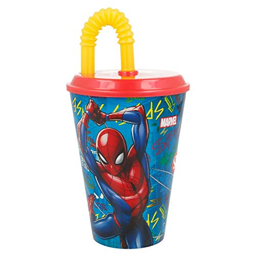 2751; vaso con caña figura spiderman; producto de plástico, reutilizable; No BPA; capacidad 430 ml;