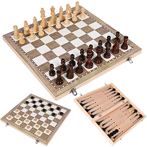 3 in 1 Folding Wooden Chess Set Board Game Checkers,3 In 1 Travel Chess Set,Wooden Chess Checkers Backgammon Game Travel Draughts Set-for Kids and Adult, Foldable and Portable Game Board for Travel