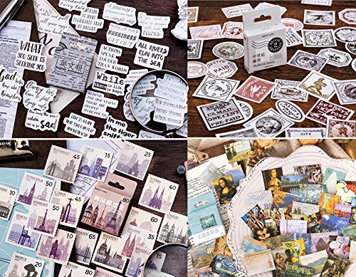 4 cajas Pegatinas Tema de sello Corte de papel de periódico, sello, etiqueta para DIY Manualidades Decoración Scrapbooking Álbumes de Recortes Calendarios Tarjetas, 44mm x 44mm