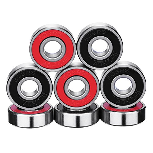 8 Piezas de Rodamientos Rodamientos de Skate Cojinetes de Patines de Rueda y Longboard 608 2RS, Doble Blindado, Rojo y Negro