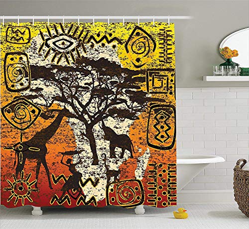 Africanos Animales africanos en Safari Tema Arte étnico cultral antiguo Estilo grunge Decoración de la casa bohemia Decoración del baño Conjuntos de cortinas de ducha con ganchos Tejido de poliéster G