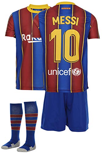 AMD SPORTS Barca Camiseta para niños Messi Viene con Pantalones Cortos y Calcetines, edición hogar Tallas para niños (3-14 años)…… (Messi Home, 140)