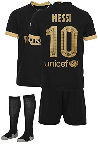 AMD SPORTS Barca Camiseta para niños Messi Viene con Pantalones Cortos y Calcetines, edición visitante Tallas para niños (3-14 años)…… (Messi Away, 140)