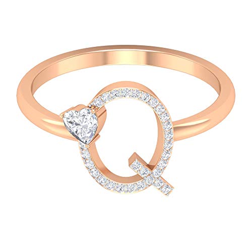 Anillo de letra del alfabeto Q, anillo de compromiso personalizado, anillo en forma de corazón, anillo de diamante redondo HI-SI 1/4 quilates, personalizar anillo inicial, 14K Oro rosa, Size:EU 60