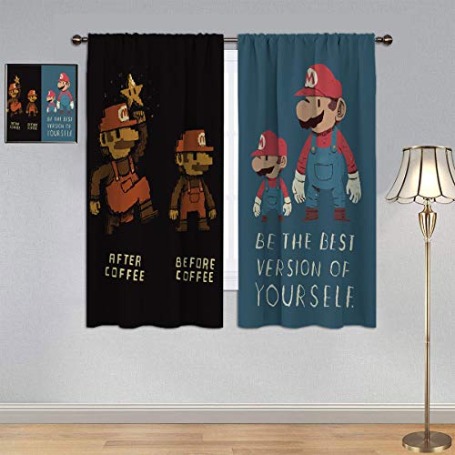 ARYAGO Cortinas opacas para dormitorio Super Mario Bros, cortinas clásicas de Mario con bolsillo para barra para niños de 137 x 107 cm